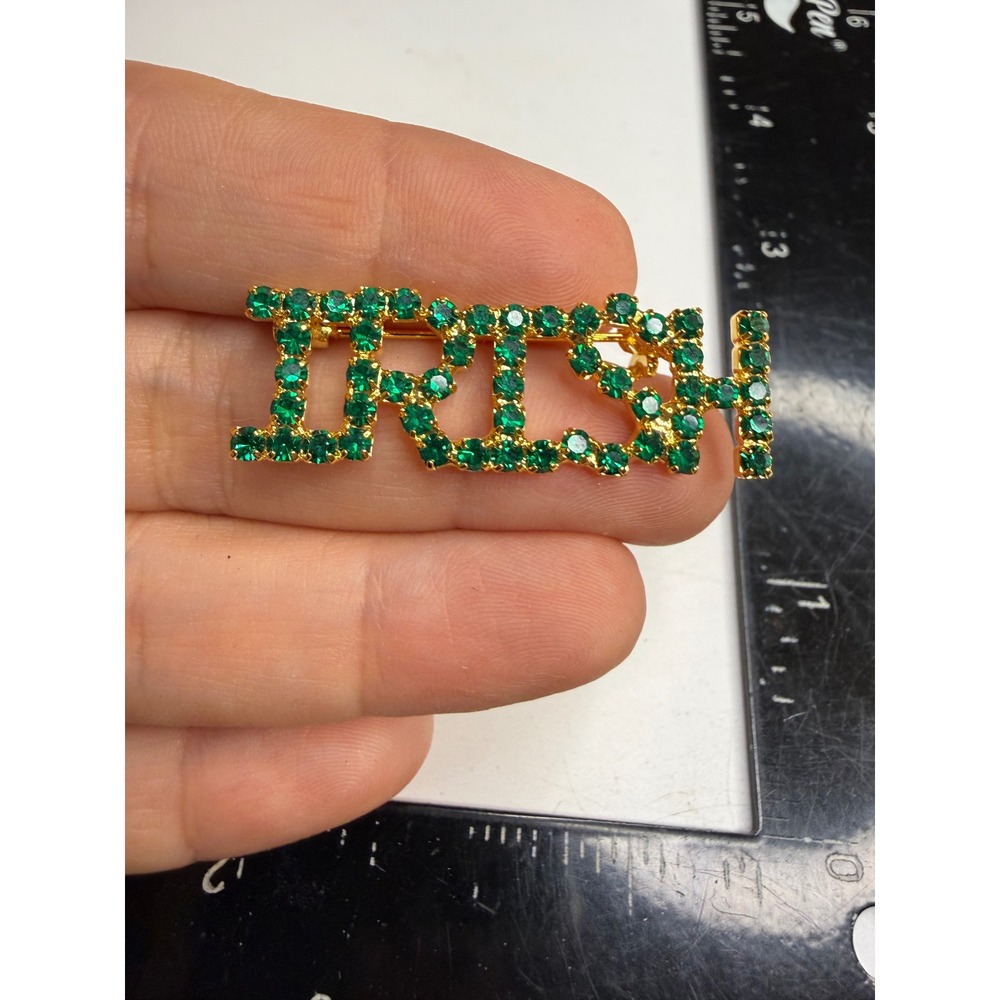 Irish Green Rhinestone Gold Tone Brooch St Patricks Day Pin Pave Script Jewelry